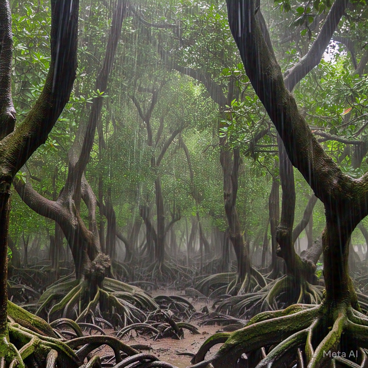 Ilustrasi hujan di kawasan hutan bakau. (AI)
