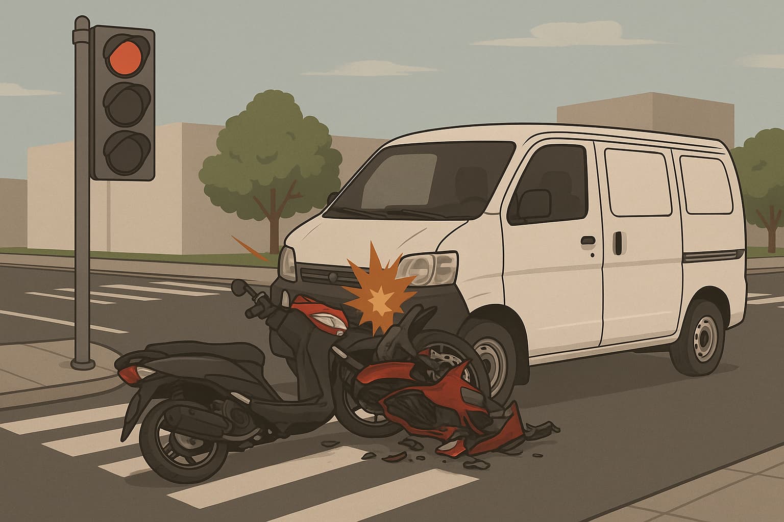 Ilustrasi mobil tabrak pemotor yang sedang menunggu trafic light.