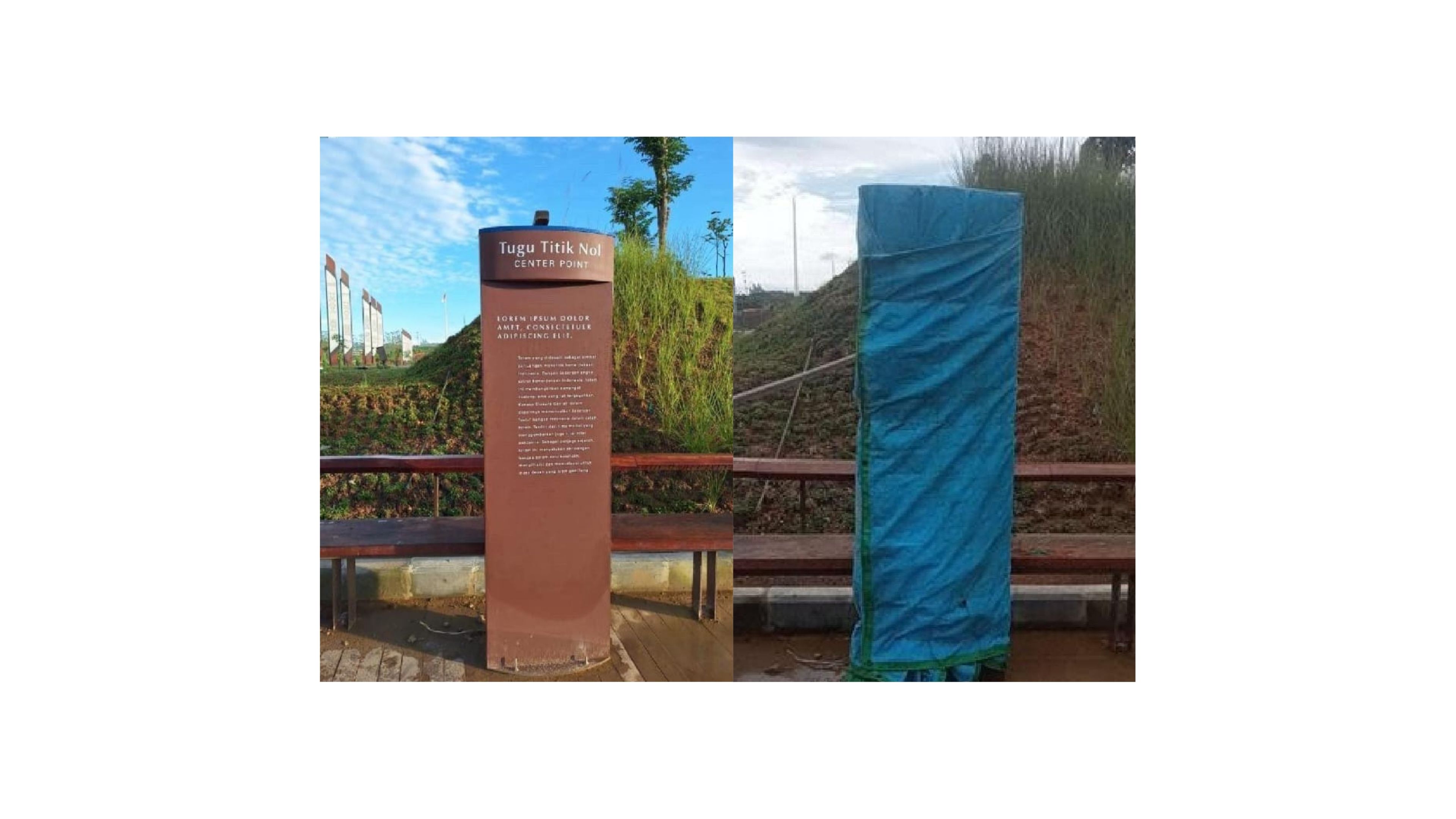 Kalimat "Lorem Ipsum Dolor Amet" yang tertulis di papan tugu Titik Nol IKN (kiri). Tugu Titik Nol IKN saat ini sudah ditutup terpal.