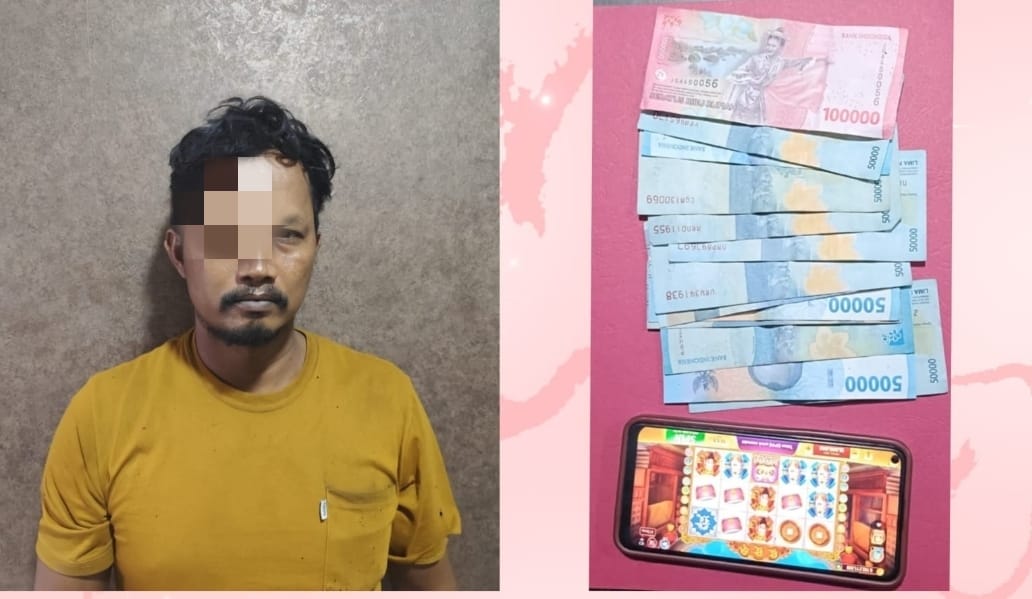 DIAMANKAN: Tersangka MS diamankan usai ketahuan bermain judol di warkop Jalan Bulak Rukem, Surabaya. (IST/RADAR SURABAYA)