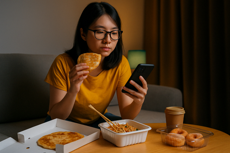 Ilustrasi menyantap kuliner yang dibeli secara online malam hari