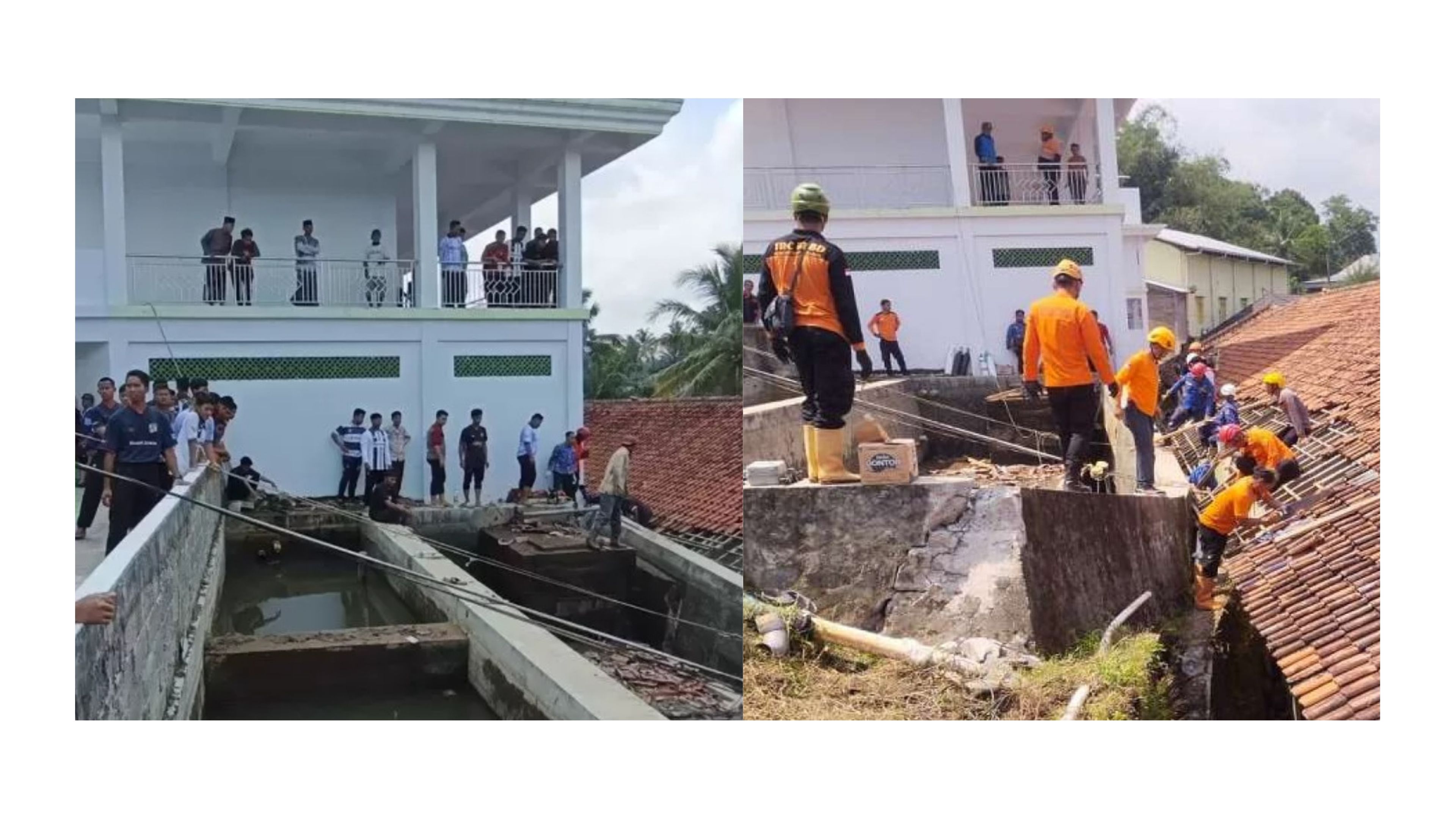 Kondisi tembok tandon yang ambrol di Pondok Modern Darussalam Gontor Magelang (foto kiri), Tim gabungan saat melakukan evakuasi korban.