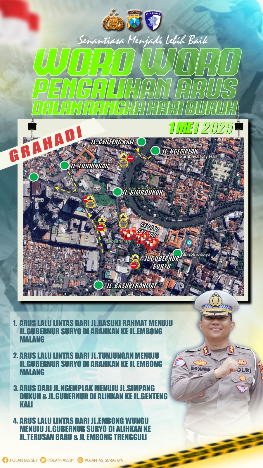 DIALIHKAN : Satlantas Polrestabes Surabaya akan melaksanakan rekayasa jalan selama perayaan Hari Buruh. (IST/RADAR SURABAYA)