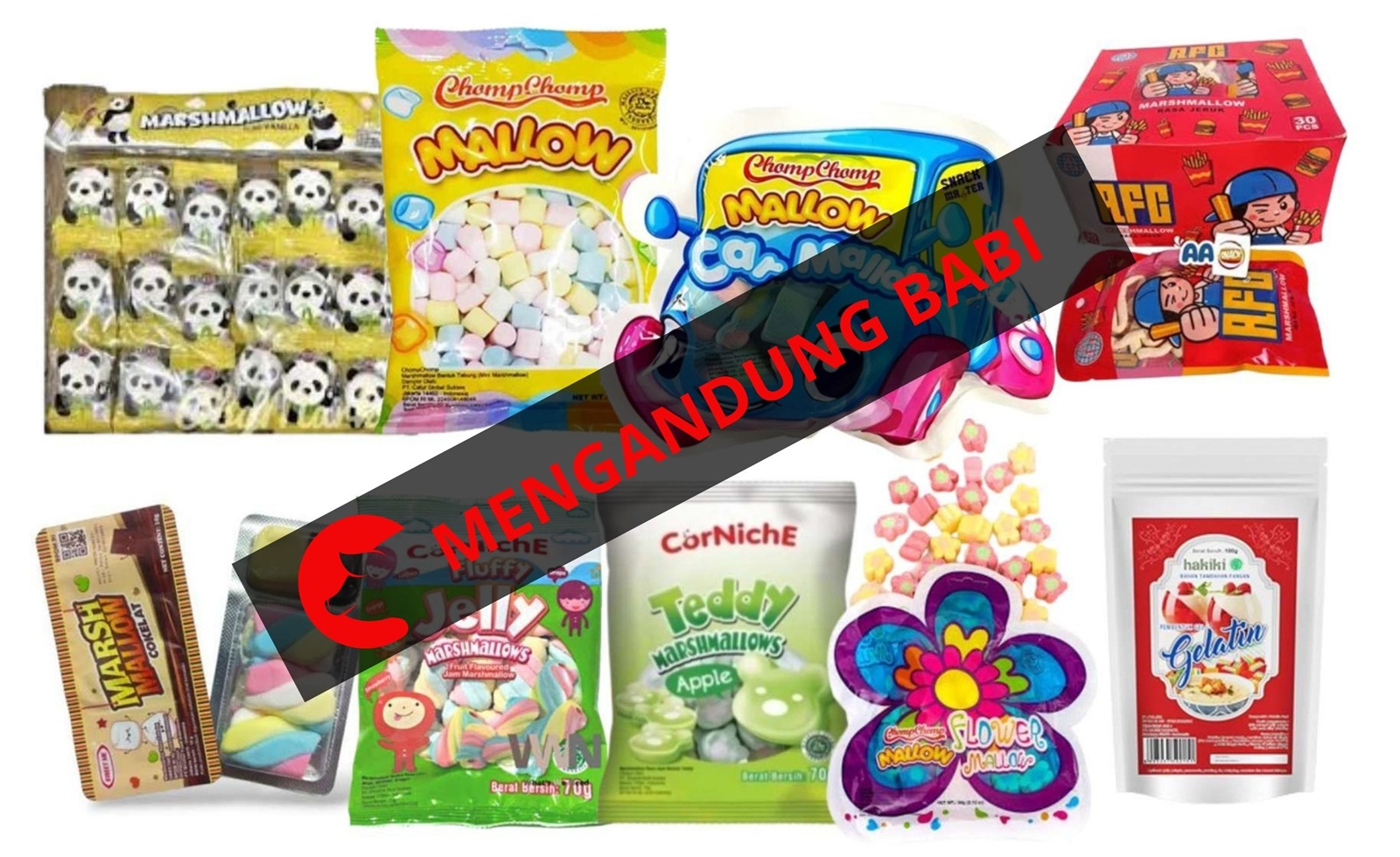 Beberapa jajanan yang mengandung babi dan diperjualbelikan dengan label halal.