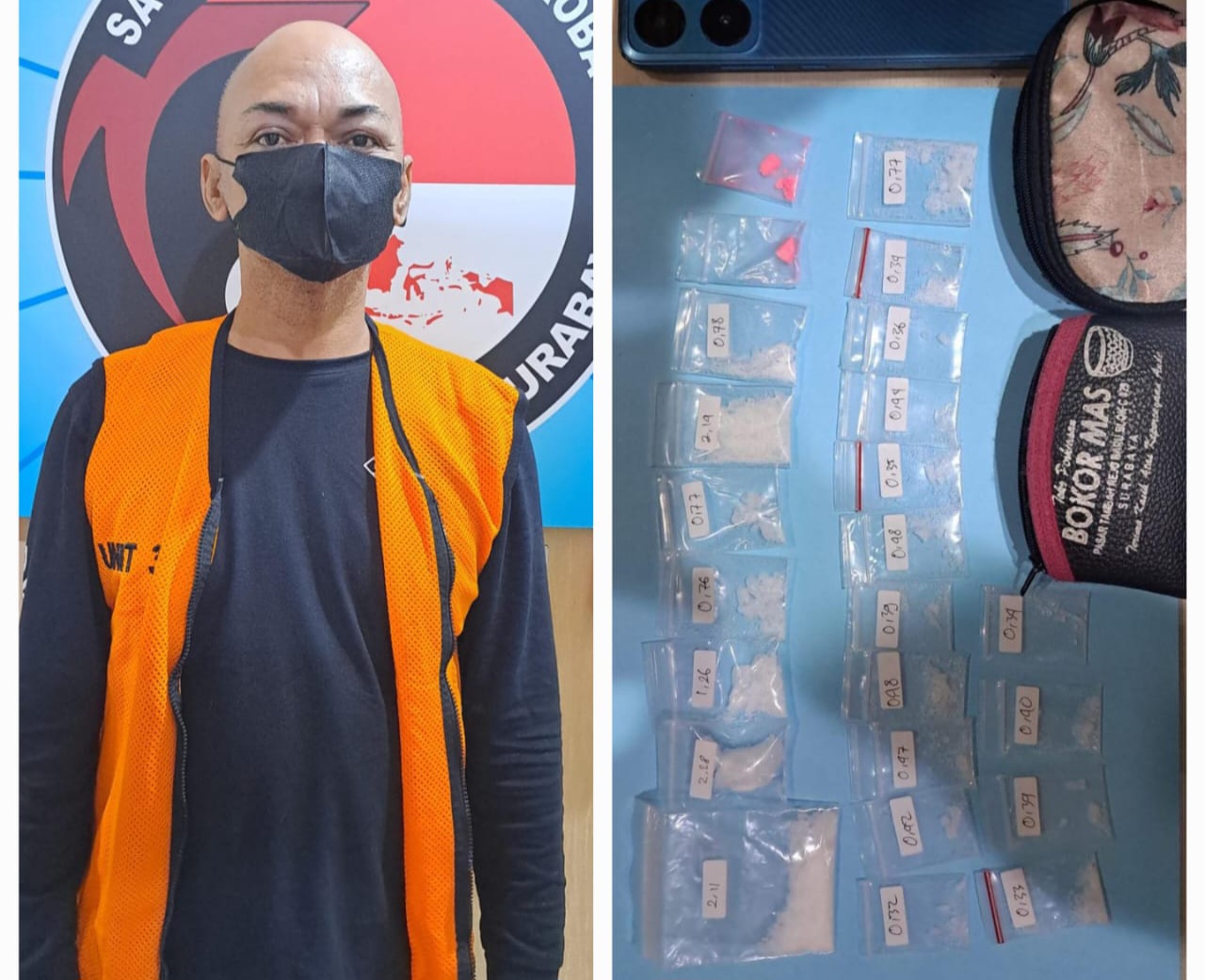 PASRAH : Tersangka AB dan barang bukti SS dan pil ekstasi saat ditangkap Satresnarkoba Polrestabes Surabaya. (IST/RADAR SURABAYA)