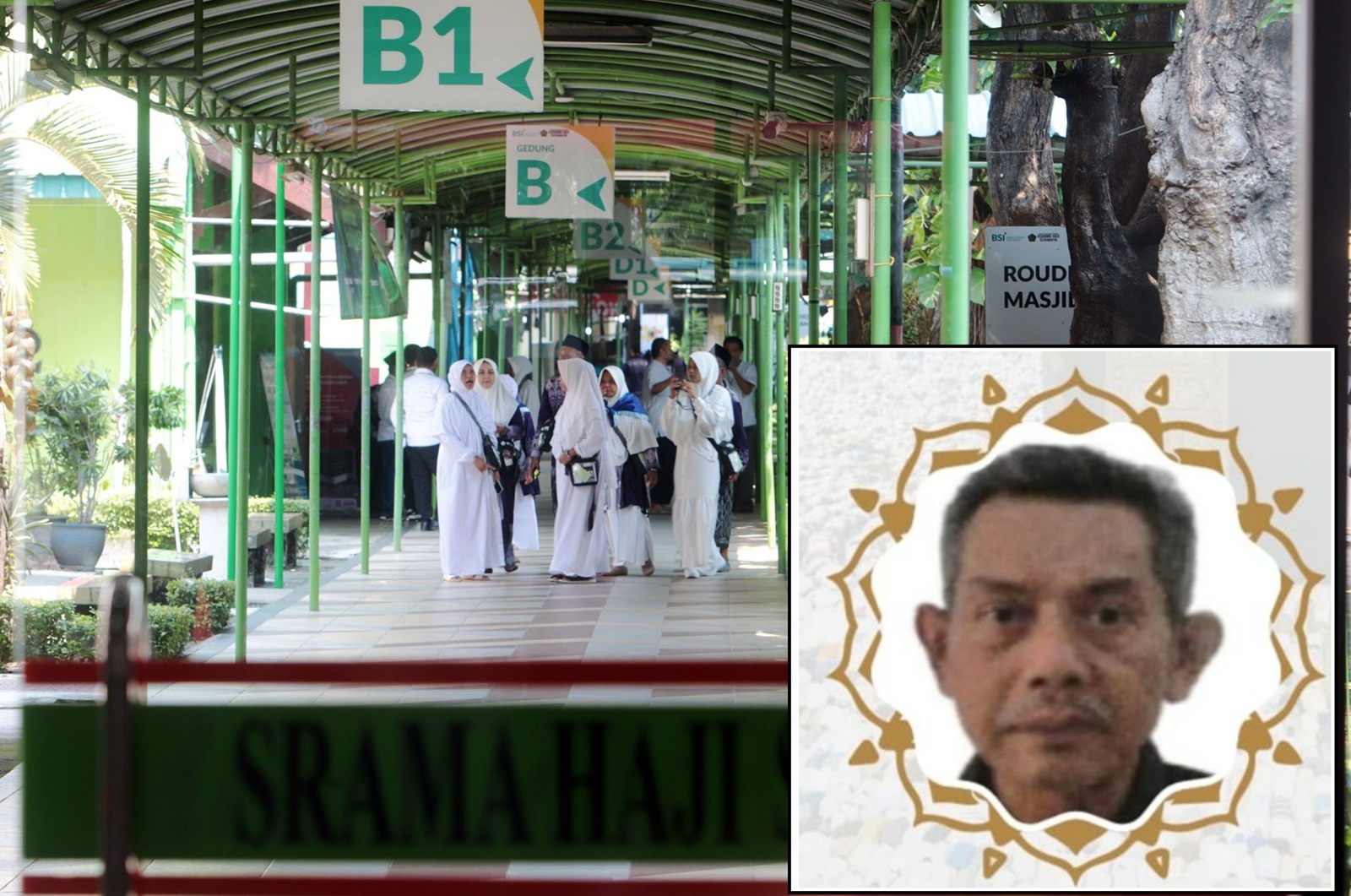 Suasana di Asrama Haji Surabaya, Isdiyono Taslim Atmo Suwito, Jemaah haji kloter 3 yang meninggal dunia di RS Haji Surabaya (inset).