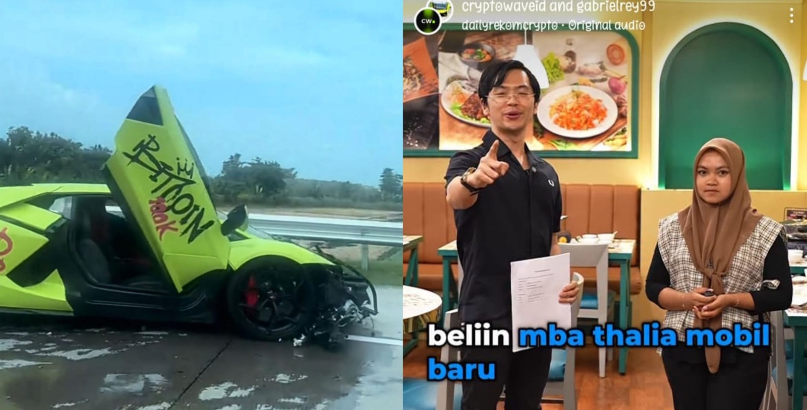 Mobil Lamborghini Revuelto milik Gabriel Rey yang ringesek usai kecelakaan, Gabriel Rey saat memberikan SPK mobil baru kepada Thalia.