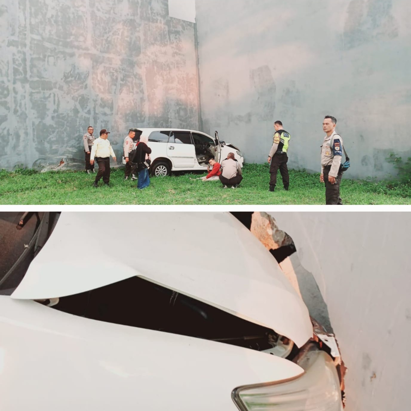 RINGSEK : Mobil Kijang Innova yang dikemudikan MS menabrak tembok rumah warga di Perumahan Elit Surabaya Barat.(IST/RADAR SURABAYA)