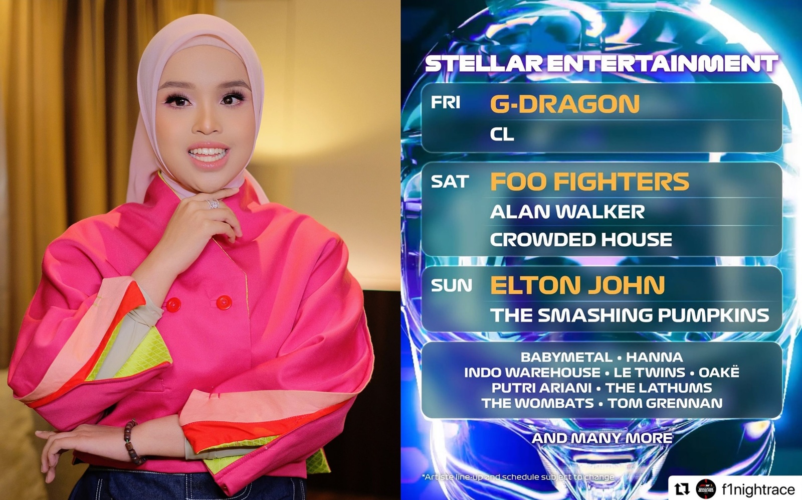 Putri Ariani mewakili Indonesia sebagai salah satu artis yang tampil dalam Formula 1 Singapore Grand Prix 2025. Pengumuman resmi dari Formula 1 Singapore Grand Prix tentang pengisi acara (foto kanan).