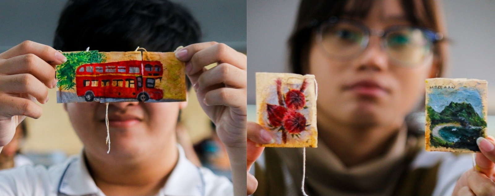 LUKIS KANTONG TEH: Mahasiswa DKV Ubaya menunjukkan kantong teh celup yang telah dilukis untuk peringati Hari Teh Internasional, di kampus setempat.