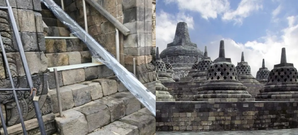 Konstruksi eskalator yang dipasang di Candi Borobudur (foto kiri), pemasangan eskalator tersebut untuk menyambut kunjungan Presiden Prancis Emmanuel Macron.