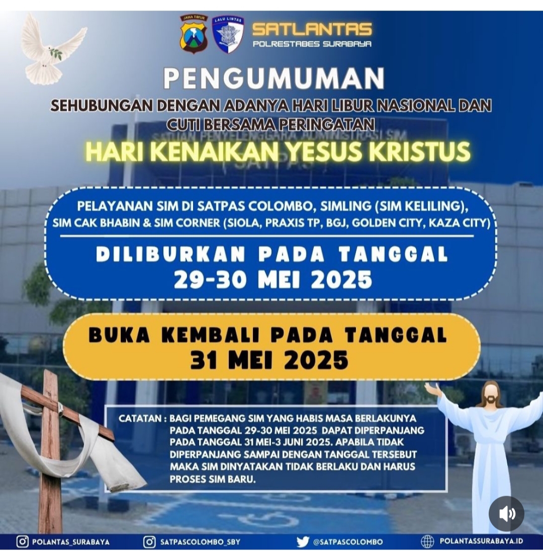 LIBUR : Satlantas Polrestabes Surabaya menutup sementara pelayanan SIM pada libur dan cuti bersama Kenaikan Yesus Kristus. (IST/RADAR SURABAYA)
