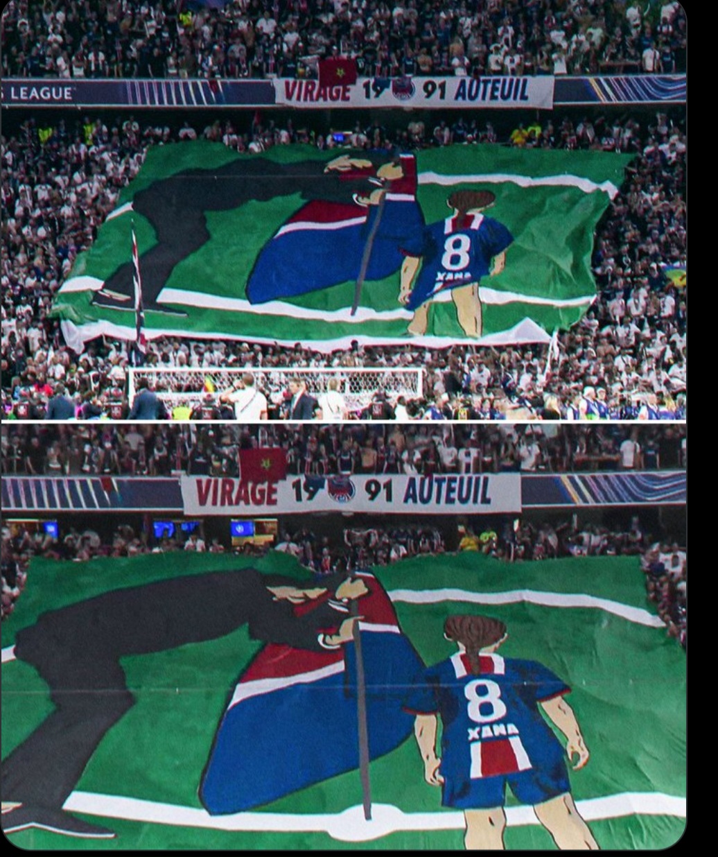 Fans Paris Saint-Germain membentangkan spanduk bergambar Xana menyaksikan Luis Enrique menancapkan bendera Paris Saint-Germain usai menjadi juara Liga Champions.