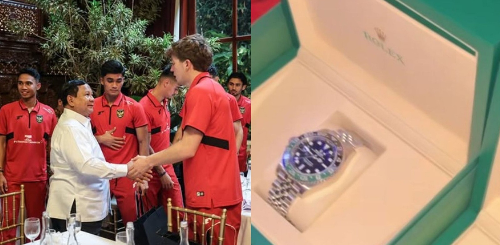 Presiden Prabowo Subianto saat mengundang Timnas ke kediamannya. Jam tangan mewah merk Rolex yang dihadiahkan kepada Timnas (foto kanan).