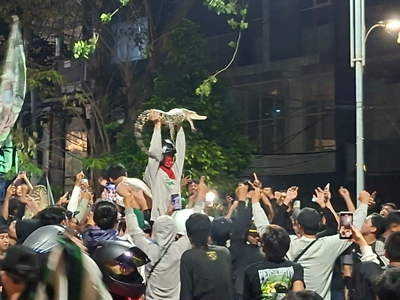 Ada Bonek yang membawa buaya saat konvoi Anniversary ke-98 Persebaya.