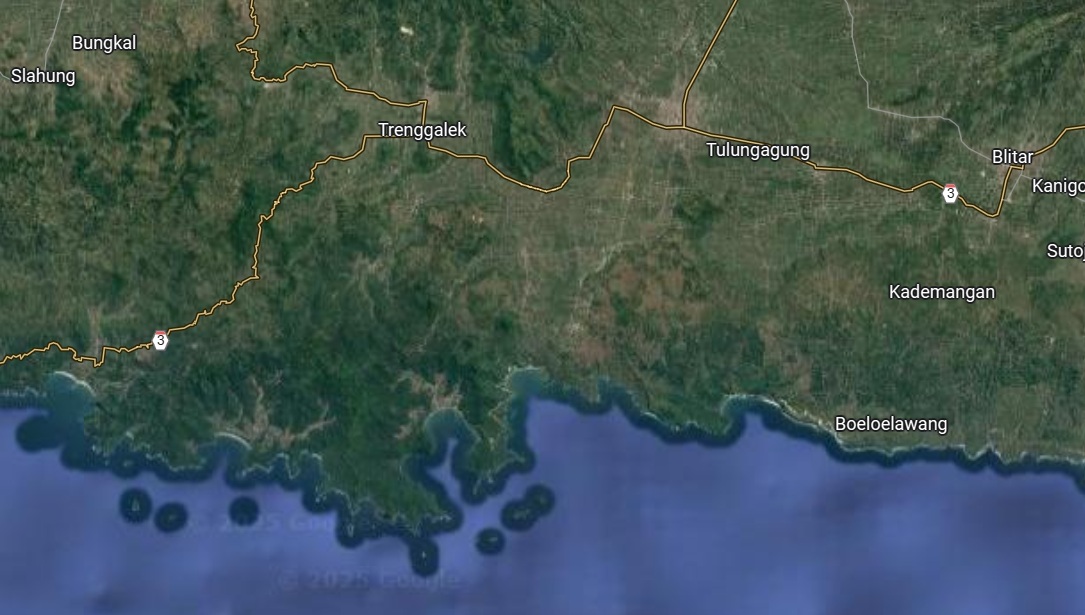 Tampilan pulau-pulau di sekitar Tulungagung dan Trenggalek.