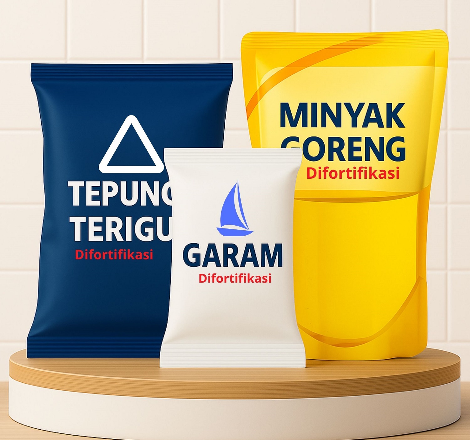 Tiga makanan yang wajib difortifikasi adalah tepung terigu, garam, dan minyak goreng.