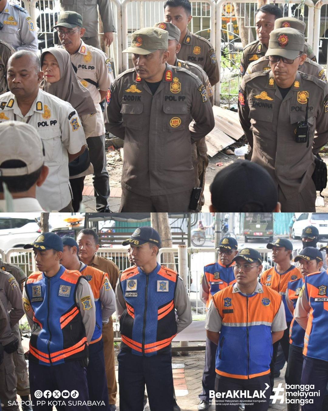 Anggota Satpol PP Surabaya melakukan apel sebelum operasi pada malam hari. (IST)