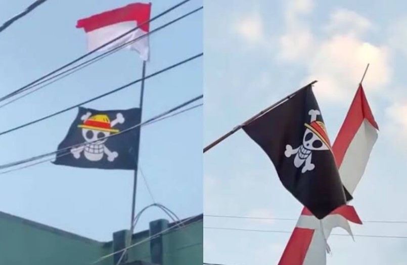 Bendera bergambar tengkorak bertopi jerami itu dikibarkan di samping, bahkan menggantikan posisi bendera Merah Putih.