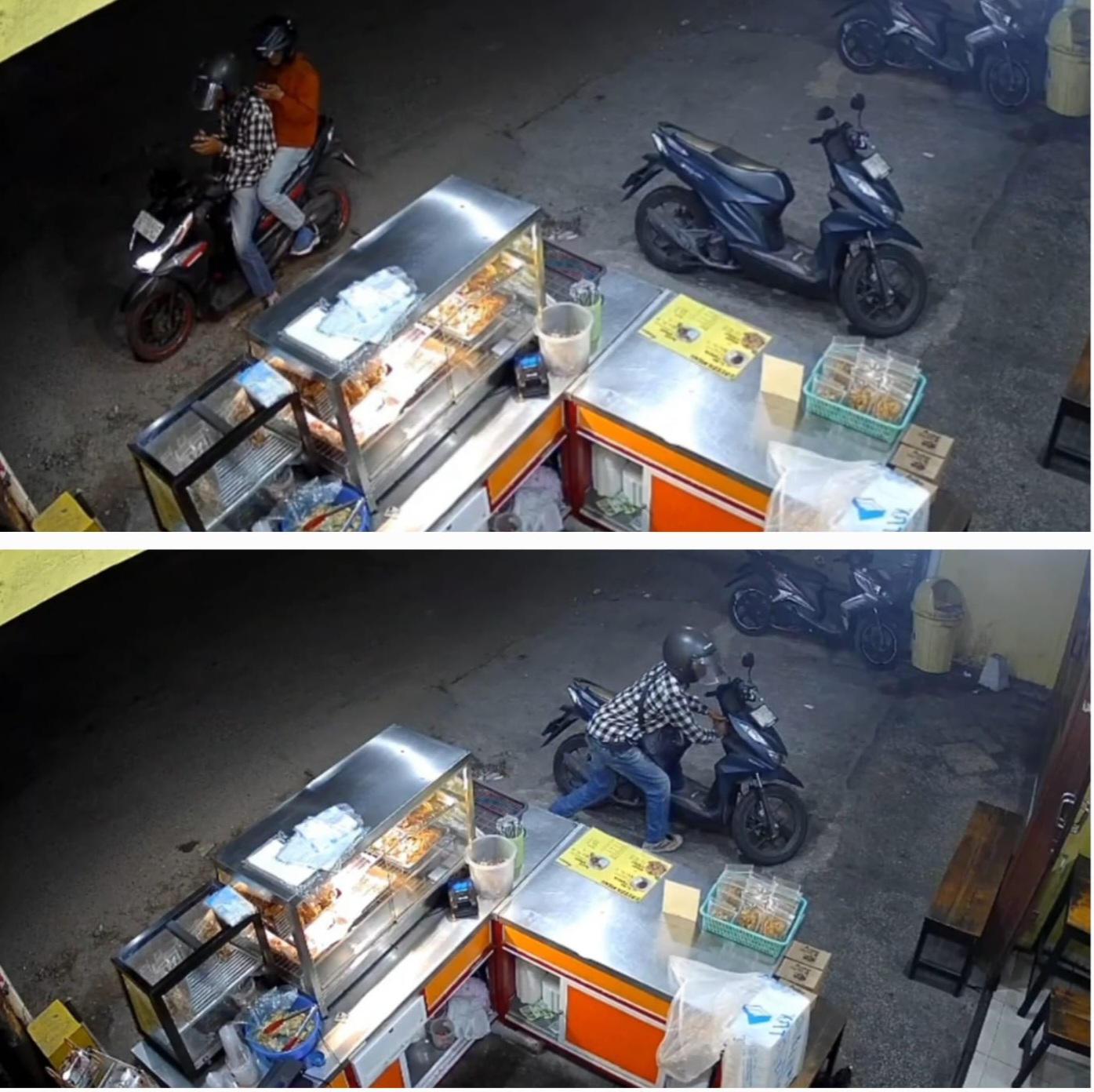 TERPANTAU : Dua pelaku pencurian sepeda motor terekam cctv saat beraksi di Jalan Jetis Kulon, Surabaya. Pelaku dengan mudah mencuri gegara korban ketiduran saat jaga depot. (IST/RADAR SURABAYA)