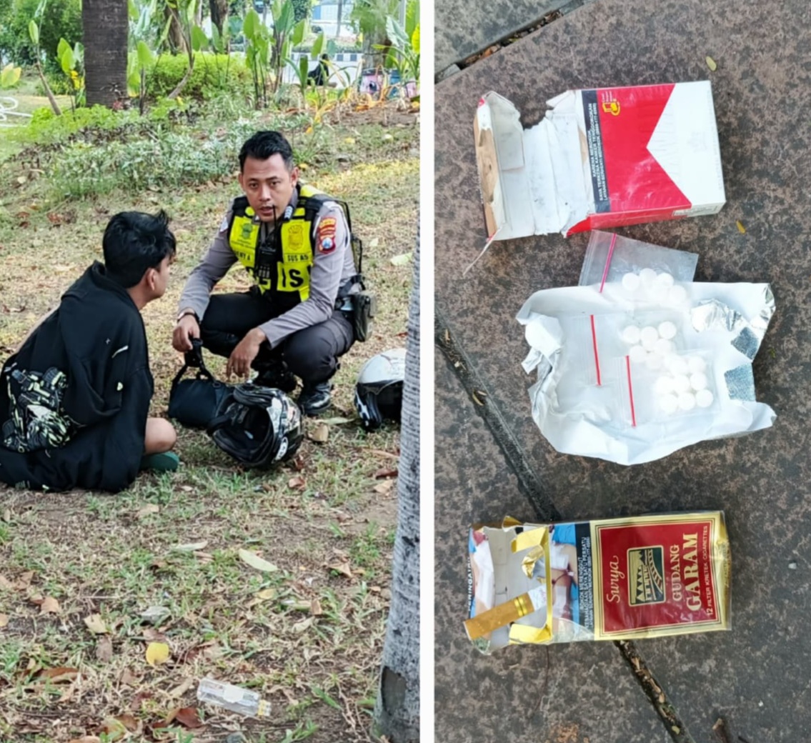 DIAMANKAN : Pengendara motor berinisial TAP, warga Blitar Kota diamankan di Jalan Darmo, Surabaya. Saat digeledah ditemukan 26 butir pil LL. (IST/RADAR SURABAYA)