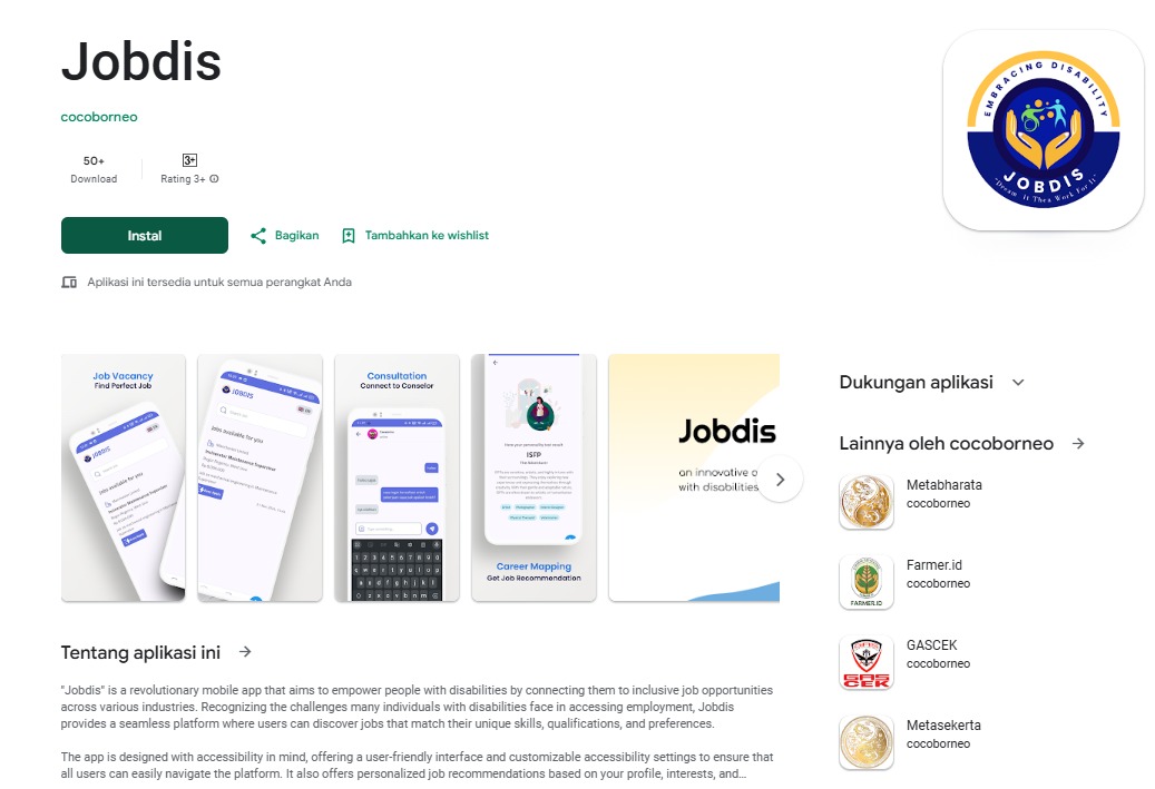 Tampilan aplikasi pencari kerja bagi disabilitas karya mahasiswa Unesa. (IST)