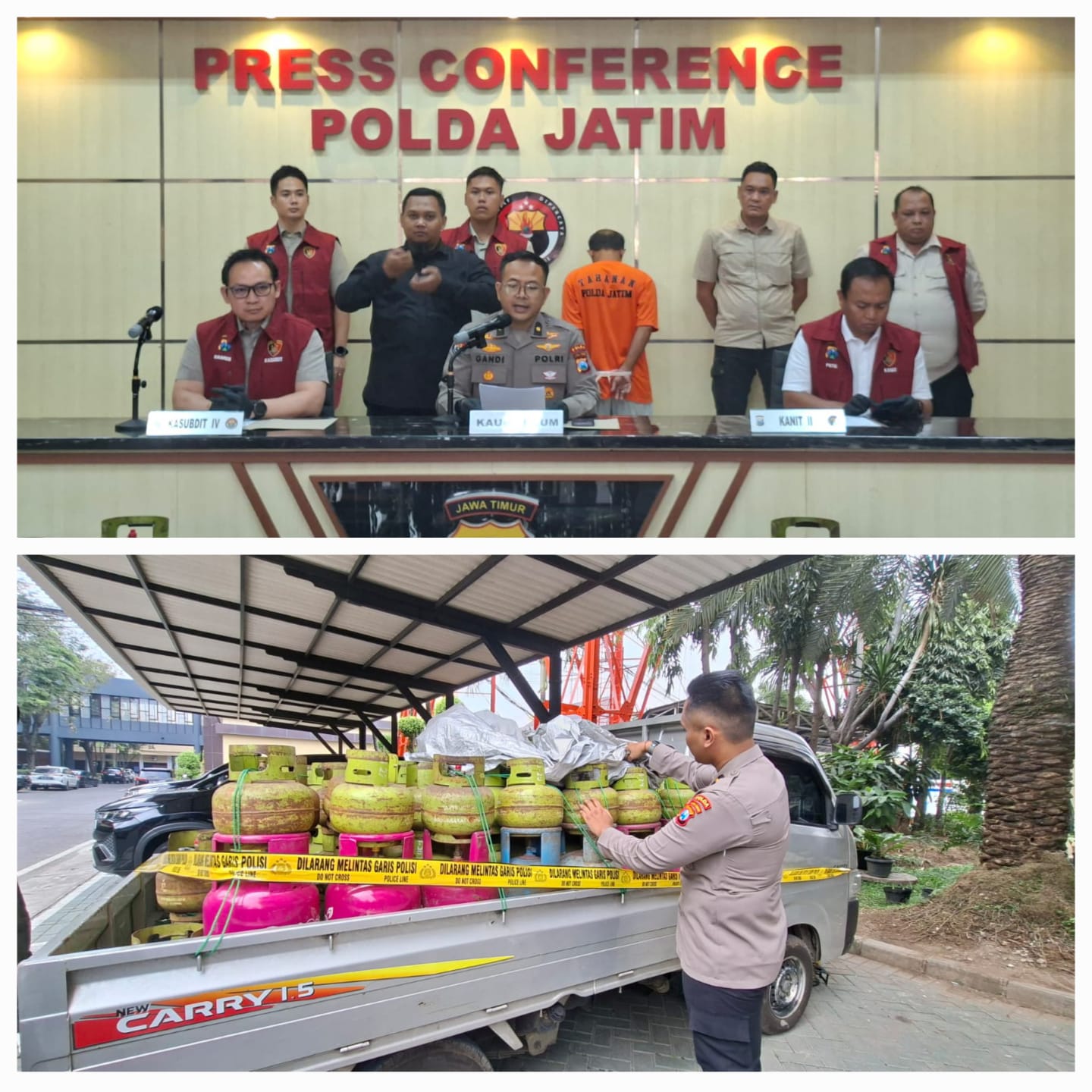 DIBONGKAR : Ditreskrimsus Polda Jatim tangkap pengoplos tabung elpiji 3 kg di Malang. Mereka beroperasi selama setahun. (MAHRUS/RADAR SURABAYA)