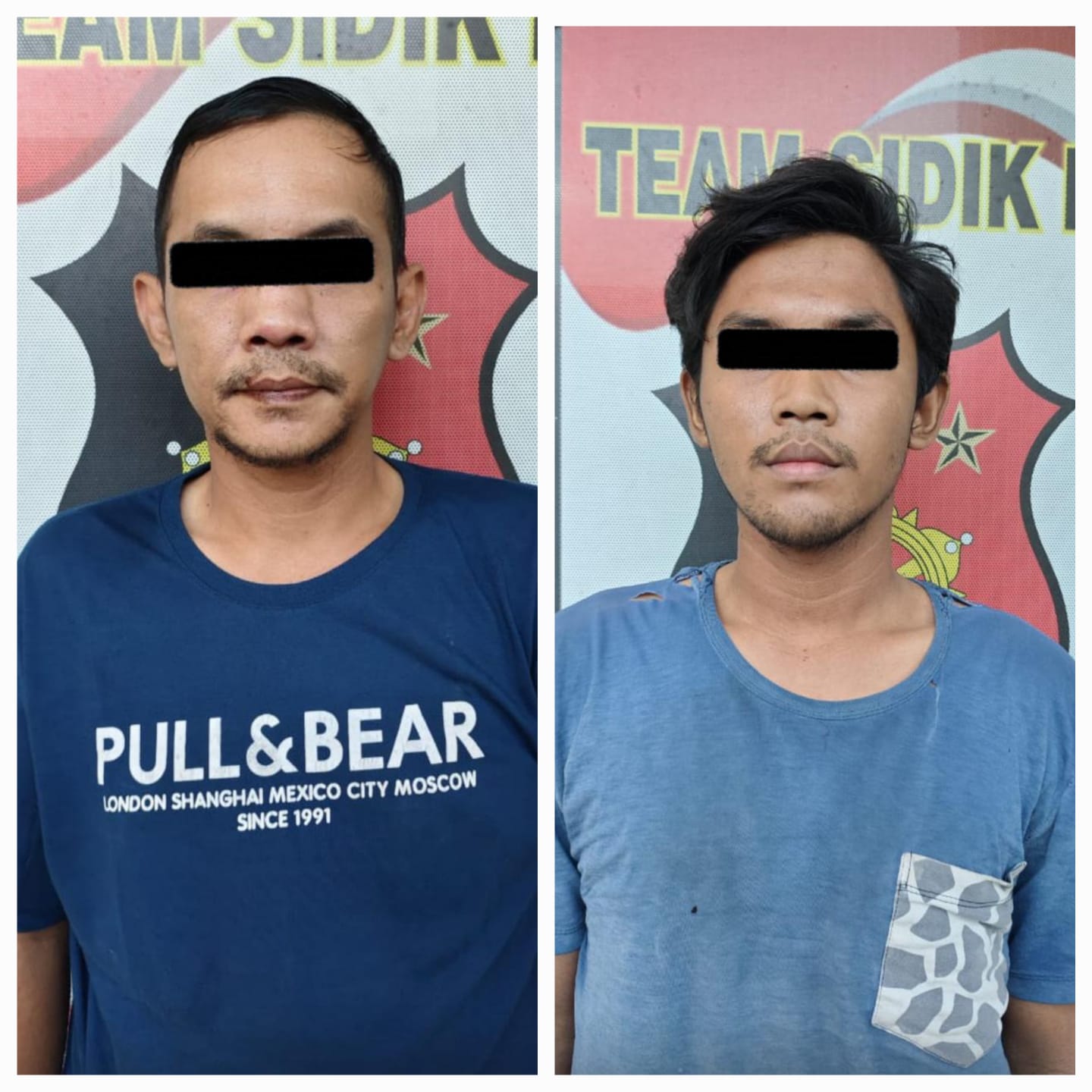DITAHAN : Kedua tersangka saat diamankan beserta barang bukti tabung gas elpiji 3 kg di Mapolsek Sukolilo, Surabaya.(IST/RADAR SURABAYA)