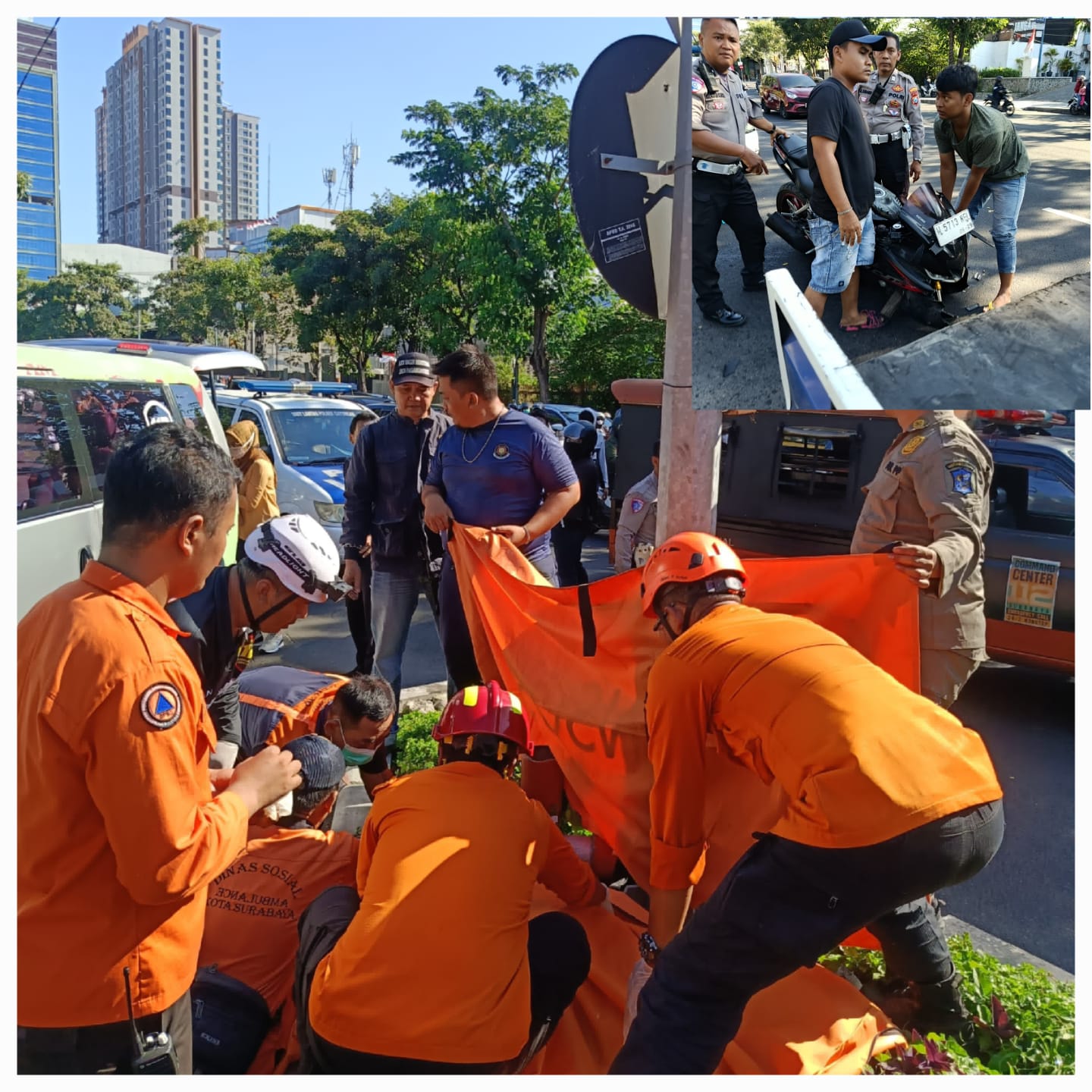 EVAKUASI : Petugas mengevakuasi pengendara motor meninggal dunia di Jalan Ahmad Yani, Surabaya. (IST/RADAR SURABAYA)