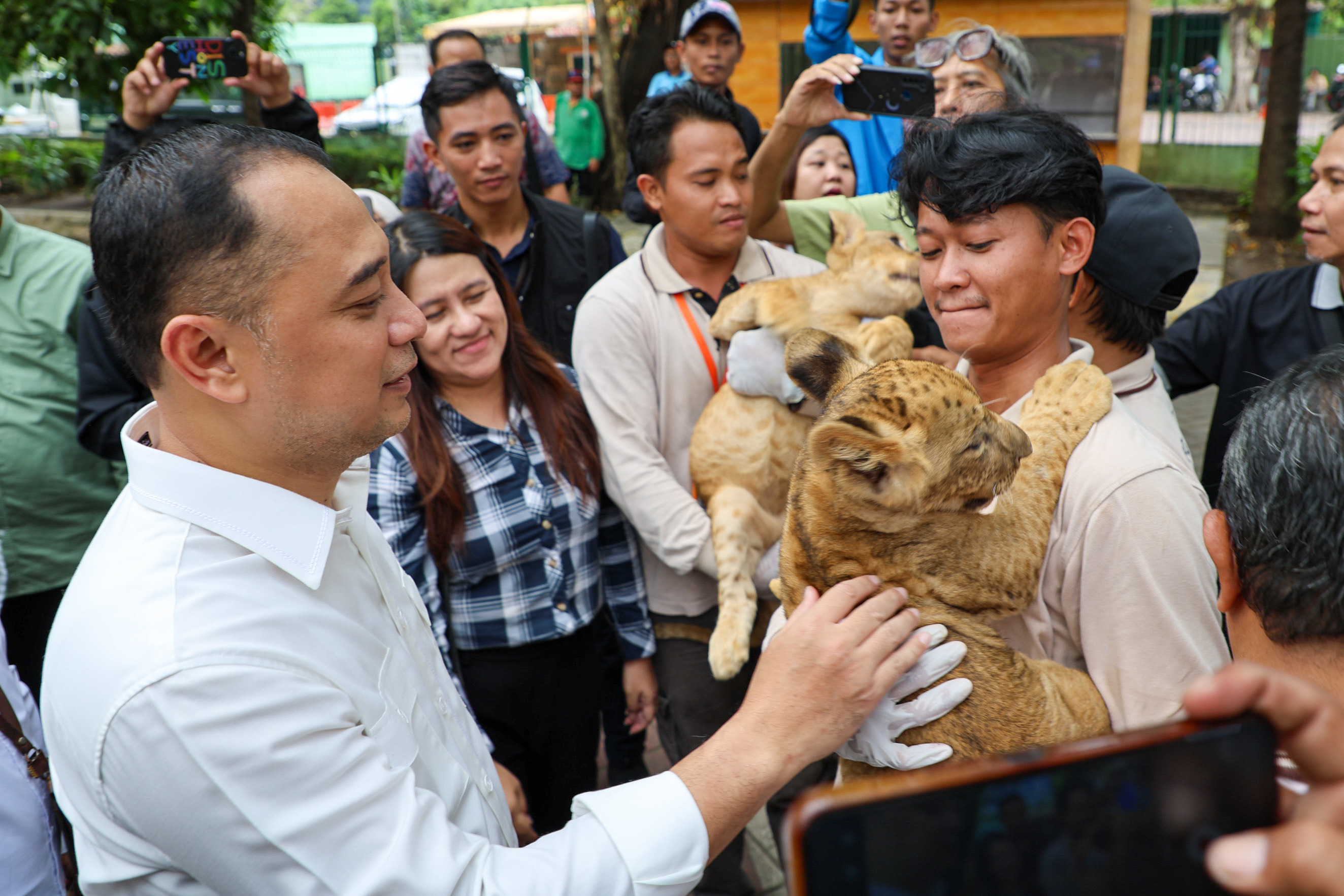 Wali Kota Surabaya Eri Cahyadi mengelus anak singa di Kebun Binatang Surabaya. (IST)