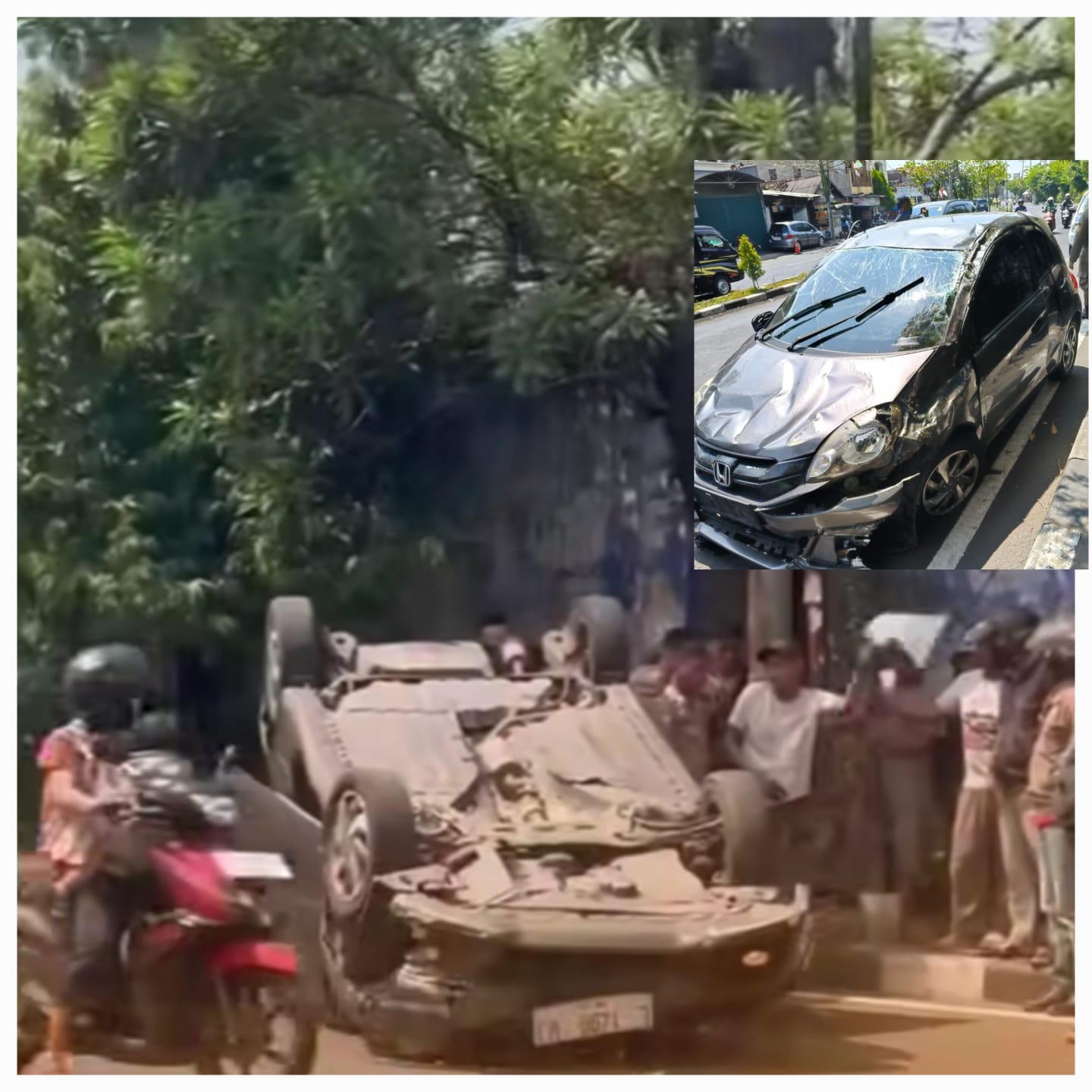 TERBALIK : Kondisi mobil Honda Brio yang disopiri MP terbalik di Jalan Gunungsari Surabaya, Minggu (10/8).(IST/RADAR SURABAYA)