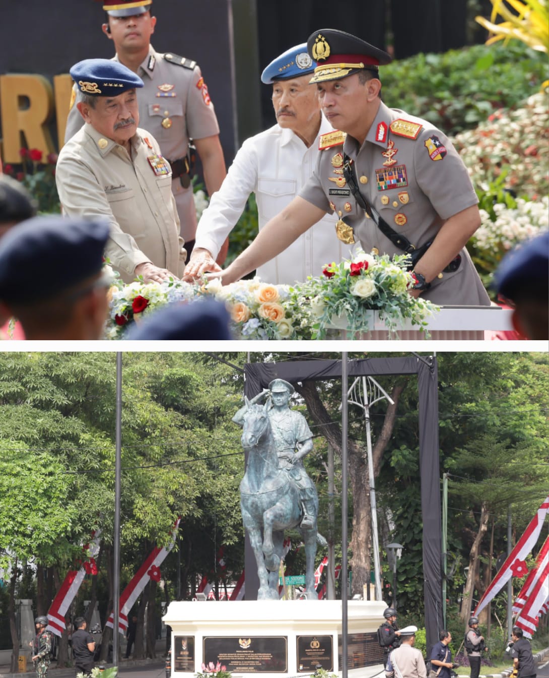 BERSEJARAH: Kapolri Jenderal Polisi Listyo Sigit Prabowo meresmikan patung M Jasin setinggi 7 meter di Jalan Darmo, Surabaya. (MAHRUS/RADAR SURABAYA)