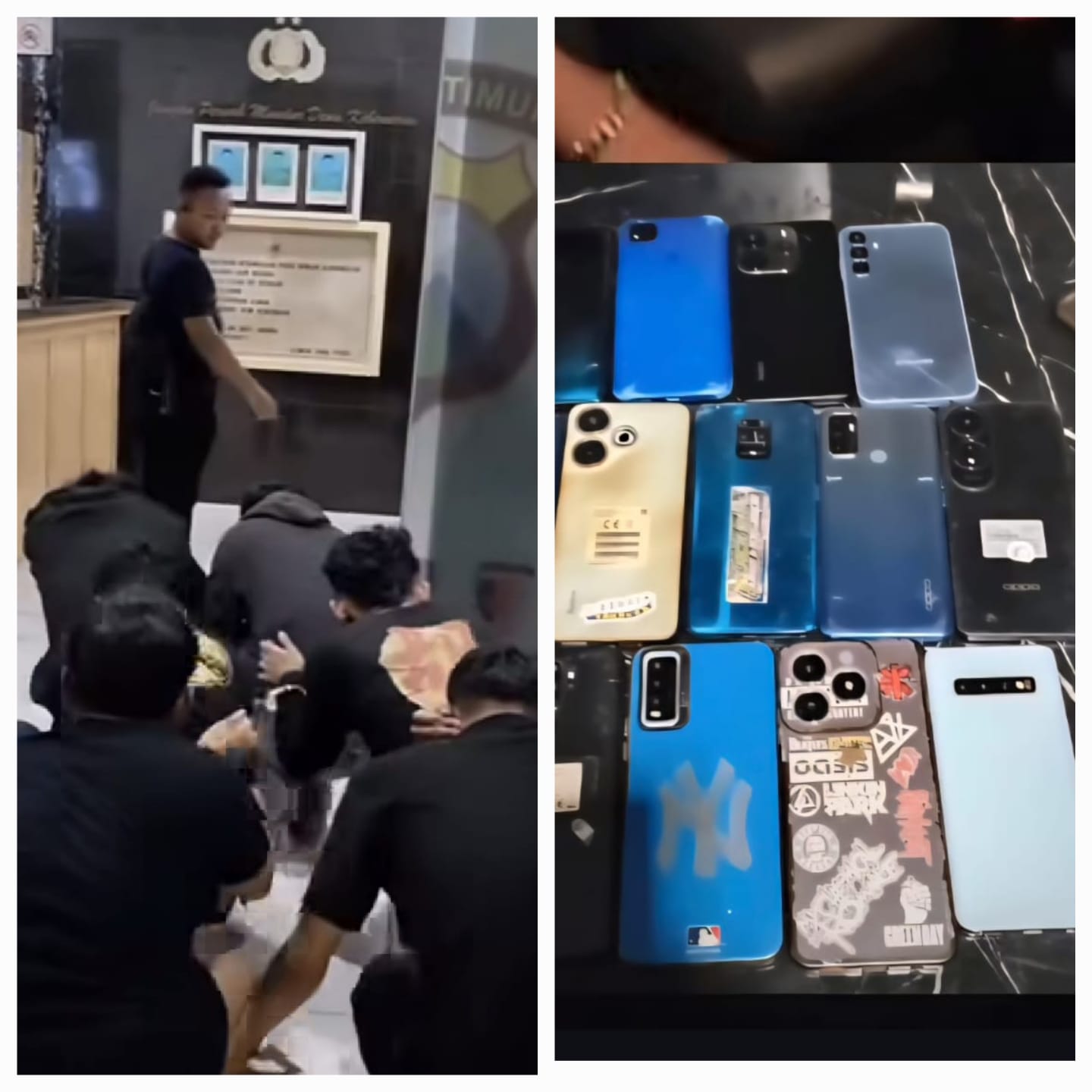 DITAHAN : Keenam komplotan copet asal Malang yang beraksi di konser musik depan Gedung Grahadi, Surabaya, saat diamankan. Sebanyak 11 HP belum diketahui pemiliknya. (IST/RADAR SURABAYA)