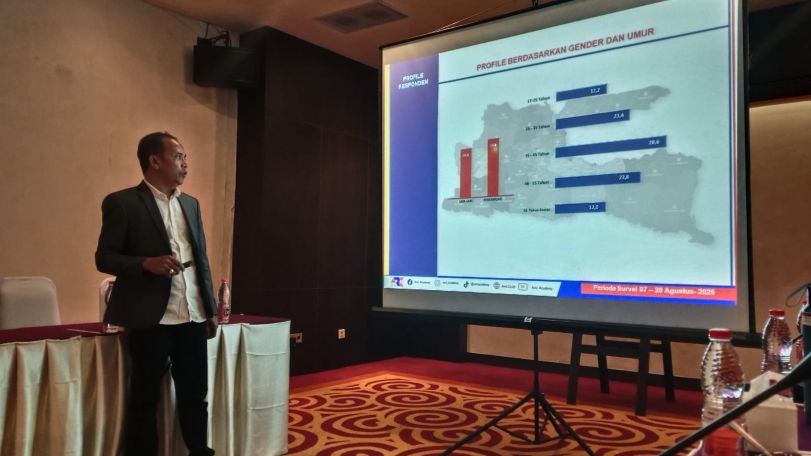 PAPARAN: Dirut ARCI Baihaki Sirajt saat paparan mengenai hasil survei kepuasan warga Jatim terhadap kinerja Gubernur Khofifah Indar P dan Wakil Gubernur Emil E. Dardak.