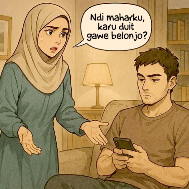 Ilustrasi rumah tangga Donwori dan Karin. (AI/ABDUL ROZAK/RADAR SURABAYA)