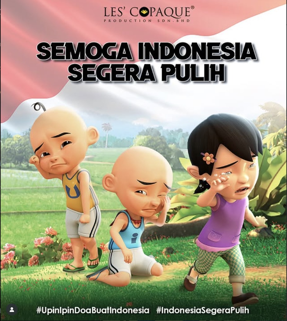 Ilustrasi Upin, Ipin, dan Susanti menangis dalam unggahan resmi @upinipinofficial sebagai bentuk doa untuk Indonesia.