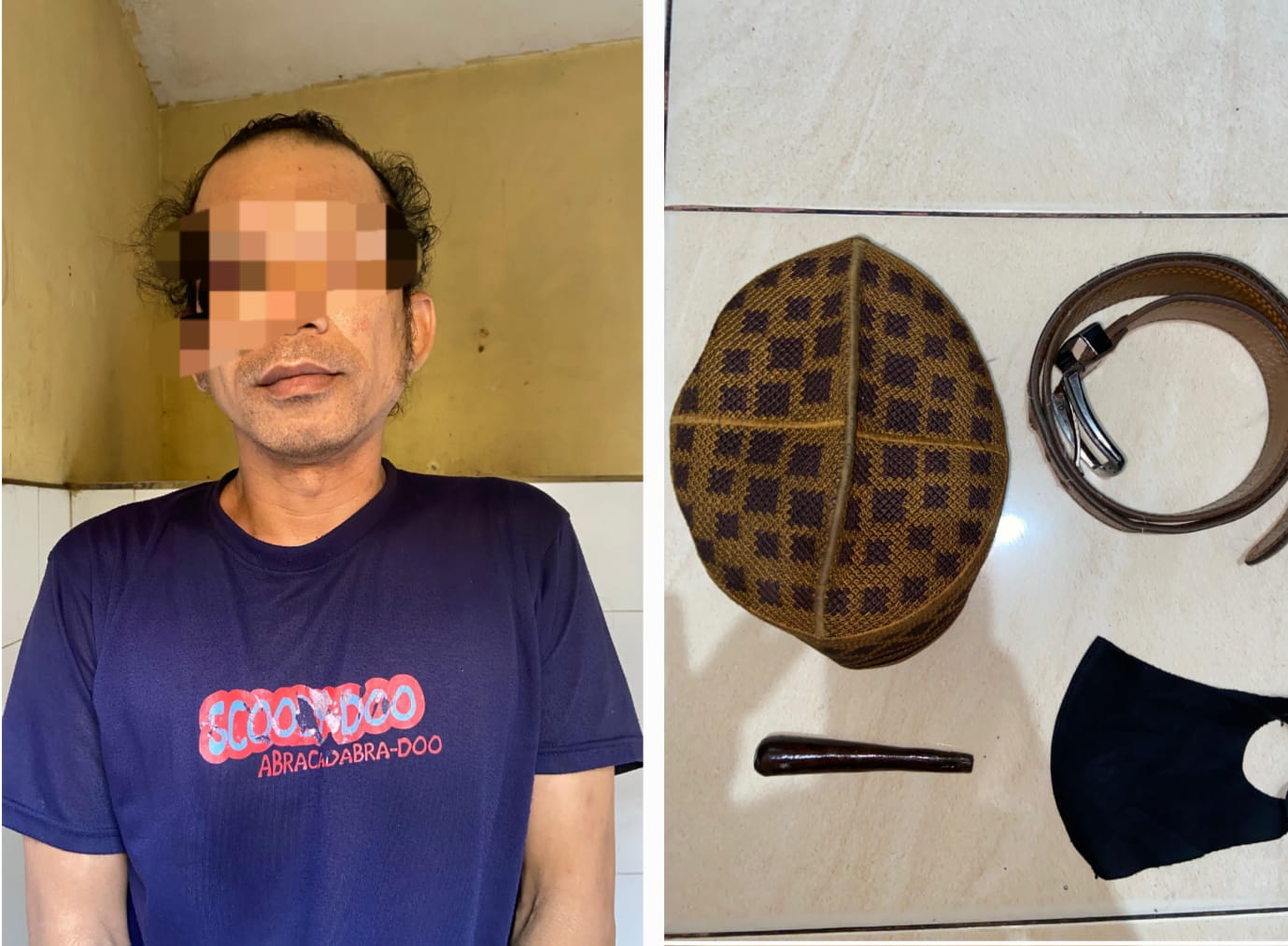 DIAMANKAN: Tersangka IA saat diamankan Polsek Semampir usai melakukan pencurian tas di Masjid Sunan Ampel, Surabaya. Polisi juga menyita sejumlah barang bukti dari tersangka. (IST/RADAR SURABAYA)