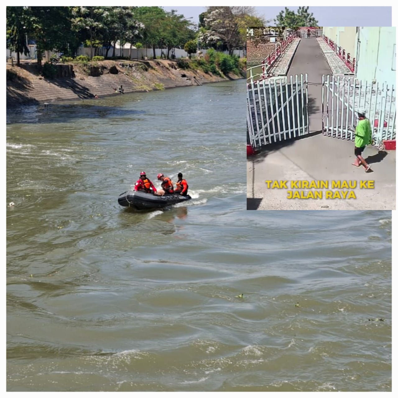 PENYISIRAN: Petugas gabungan mencari pria berkaos hijau yang terjun ke sungai Jagir, Surabaya (MAHRUS/RADAR SURABAYA)