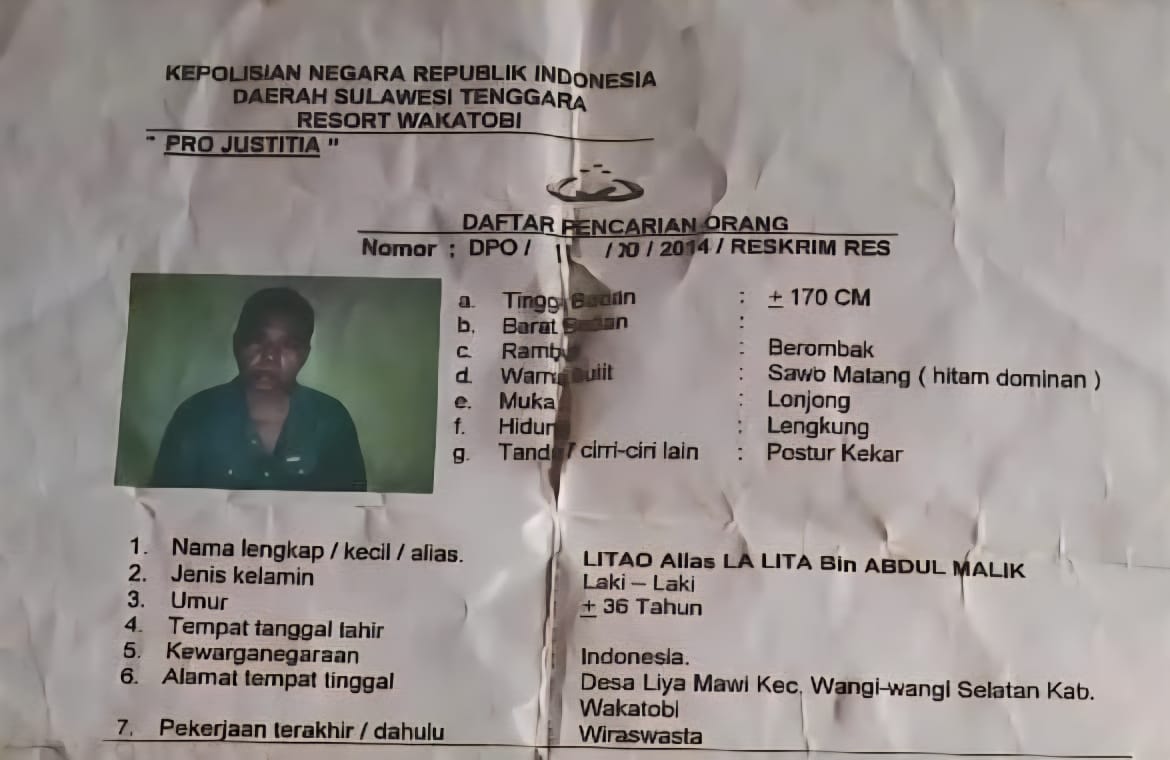 Anggota DPRD Wakatobi Litao ditetapkan tersangka kasus pembunuhan 11 tahun lalu usai lama buron dan masuk DPO.