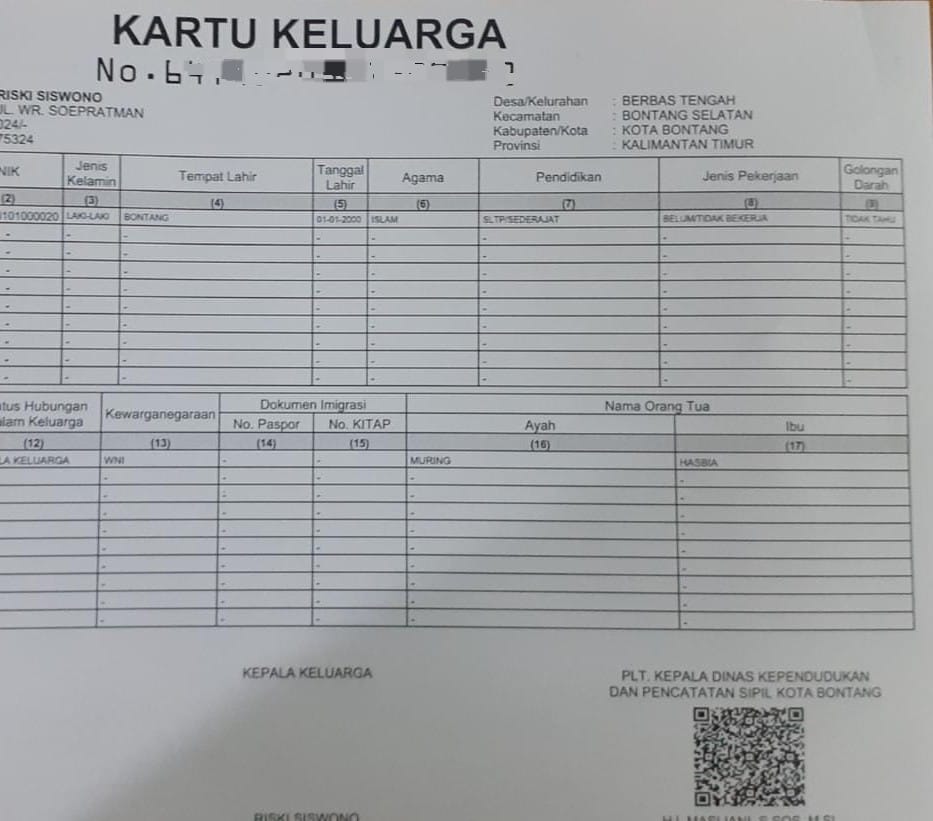 Bentuk KK digital yang dicetak