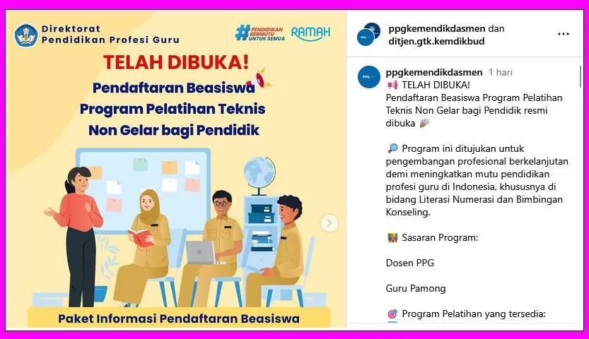 Telah Dibuka Pendaftaran Beasiswa Pelatihan teknis Non Gelar bagi Pendidik
