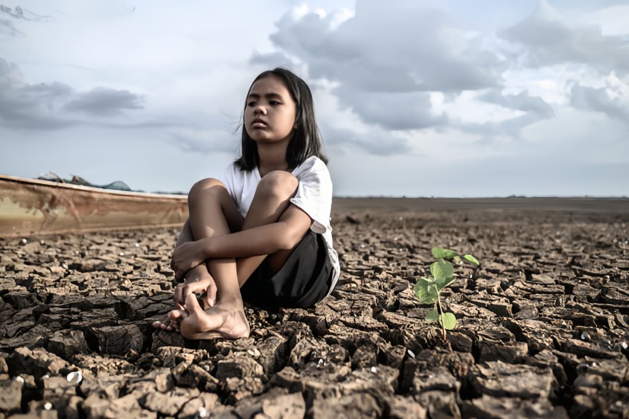 Anak duduk di lahan kering, simbol pentingnya menjaga dan menyimpan air bersih di tengah musim kemarau.