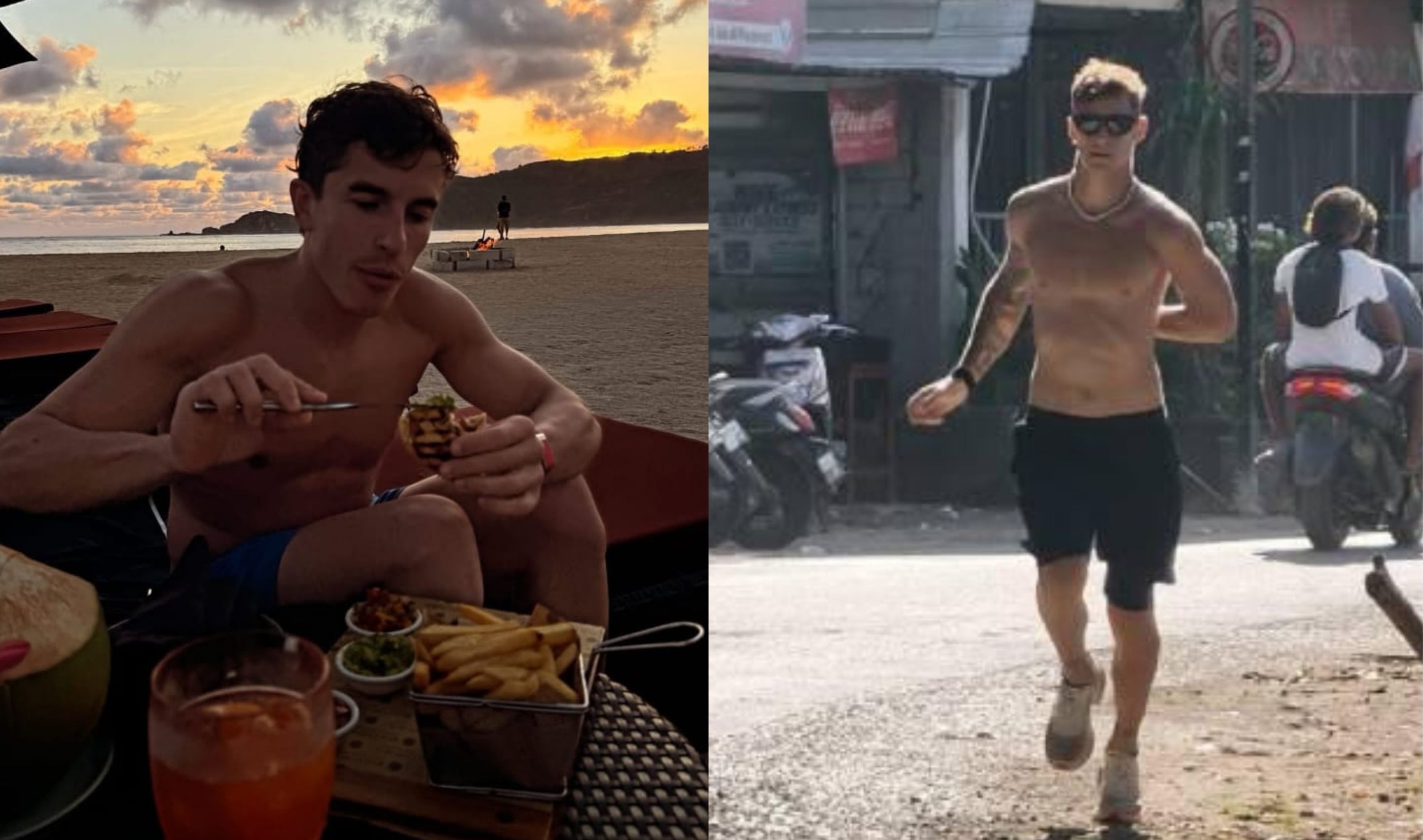 Marc M&aacute;rquez saat menikmati suasana di kawasan pantai Mandalika (foto kiri), pembalap MotoGP Fabio Quartararo lari pagi dijalanan Kuta Mandalika, Kamis (2/9).&nbsp;&nbsp;