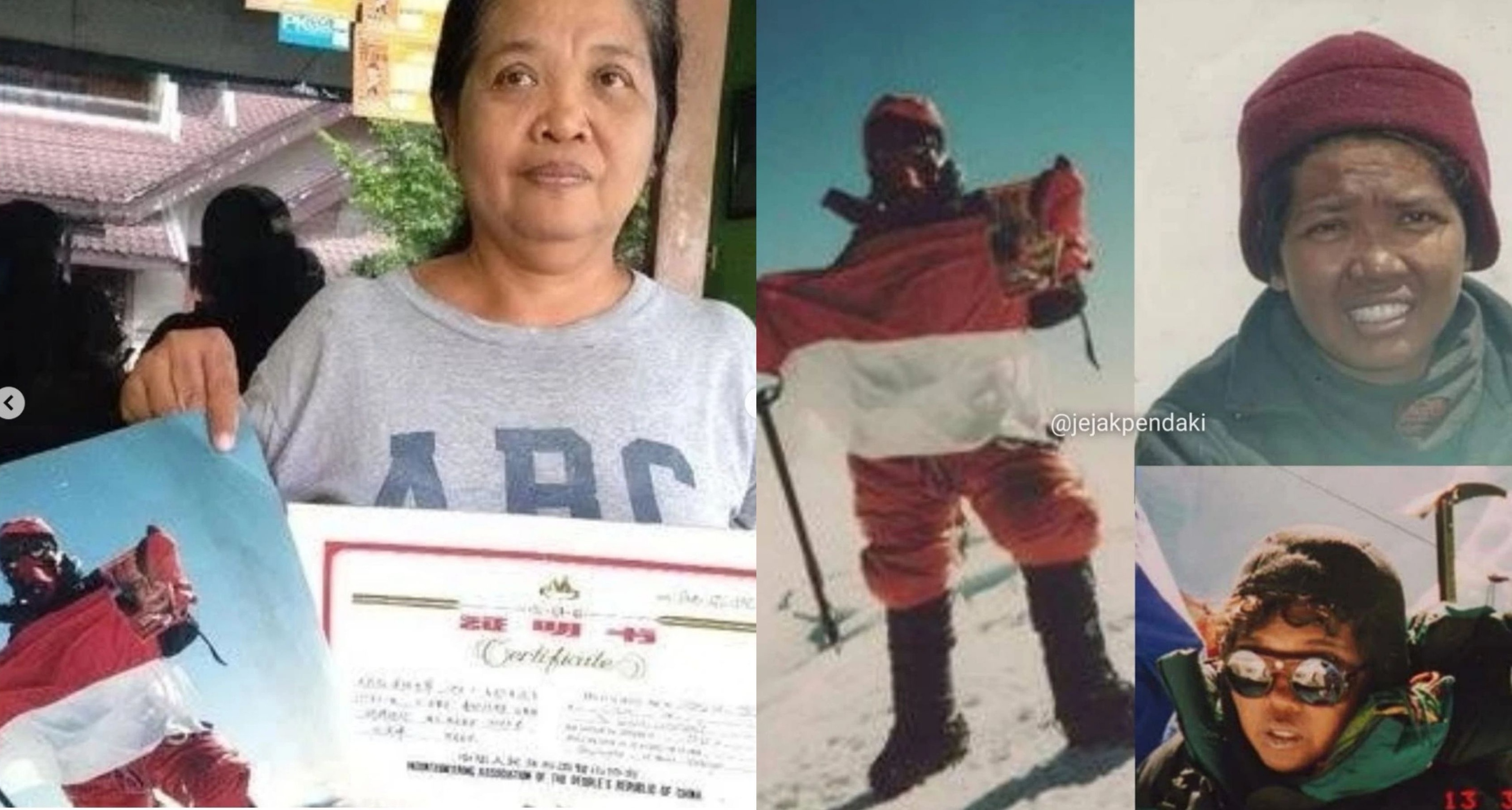 INSPIRATOR: Clara Sumarwati menunjukkan sertifikat bahwa dia berhasil mendaki puncak Everest pada 26 September 1996 (foto kiri), Clara saat pendakian di puncak Everest.
