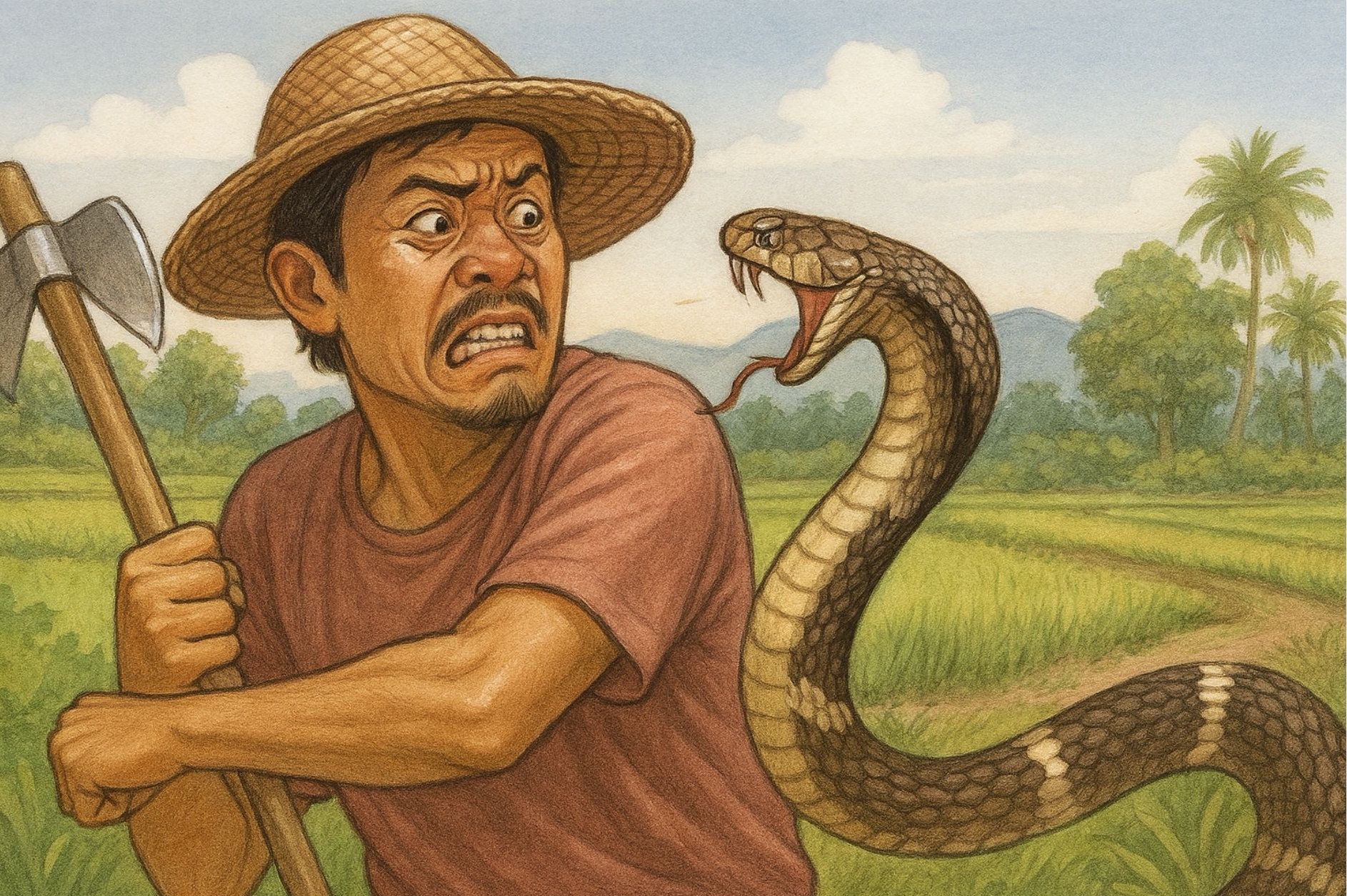 Ilustrasi petani diserang king cobra.