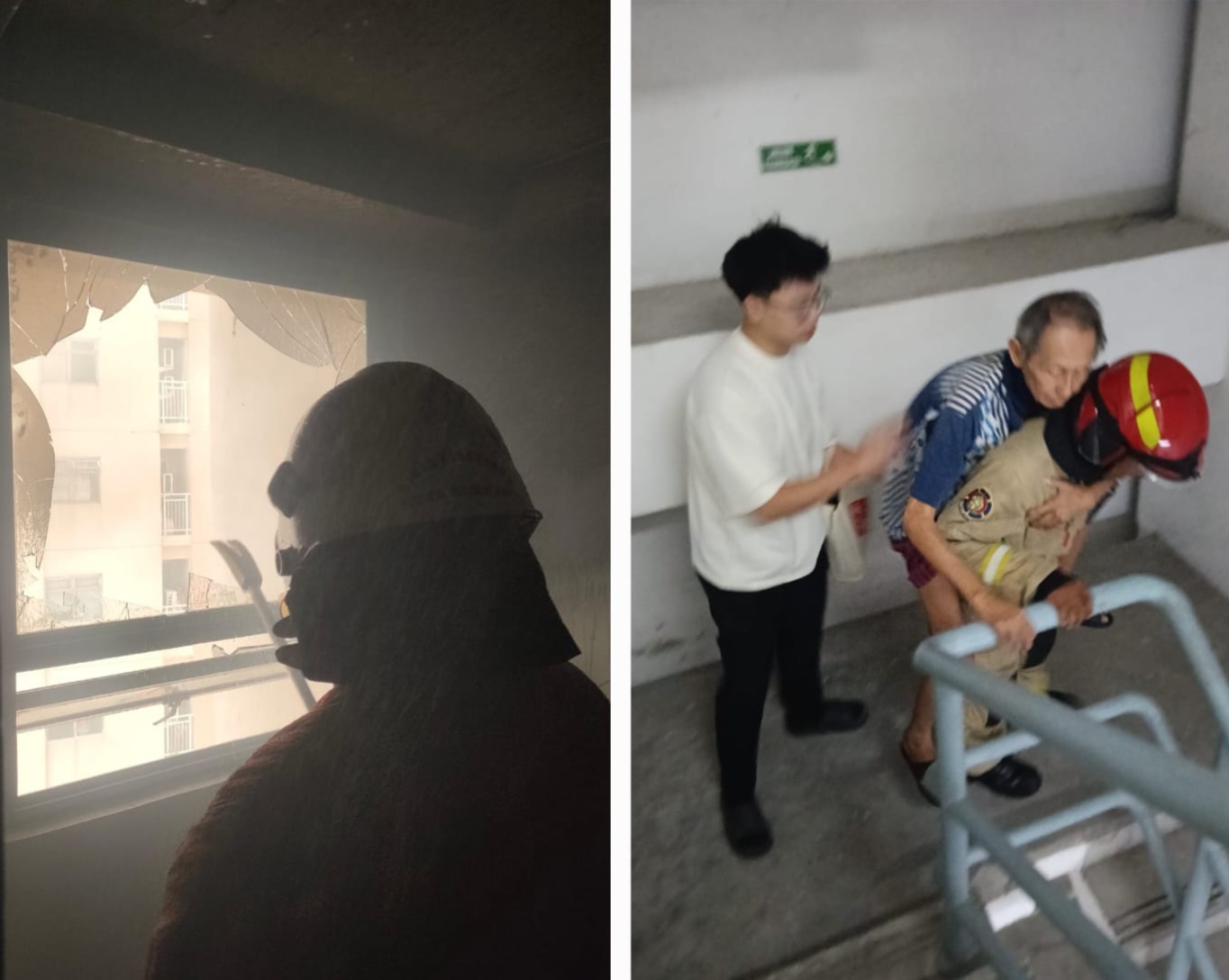 BERASAP: Petugas DPKP memadamkan api di kamar apartemen di kawasan Surabaya Timur. Nampak penghuni dievakuasi oleh petugas usai kamarnya terbakar.(IST/RADAR SURABAYA)