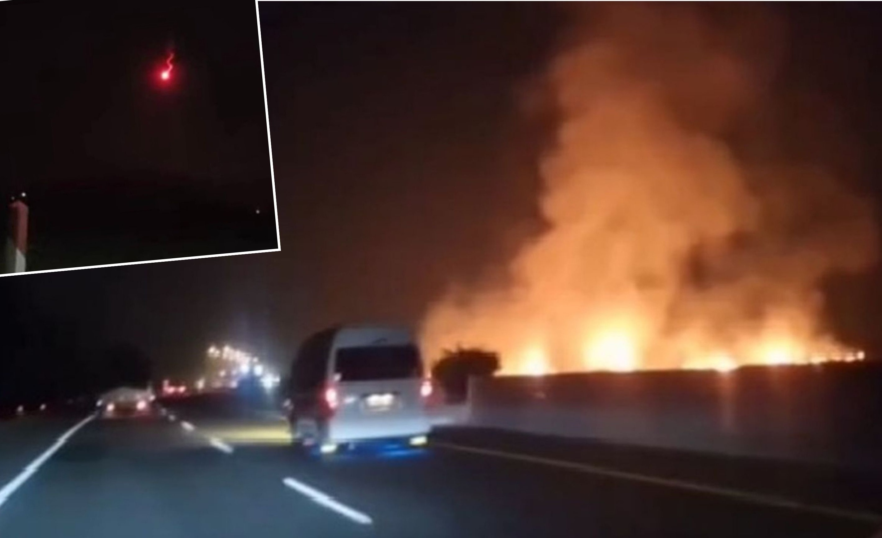 Kebakaran di dekat ruas tol Ciperna, Cirebon, Jawa Barat, Minggu (5/10) yang diduga akibat meteor jatuh.Benda terbakar di langit yang diduga meteor (inset).