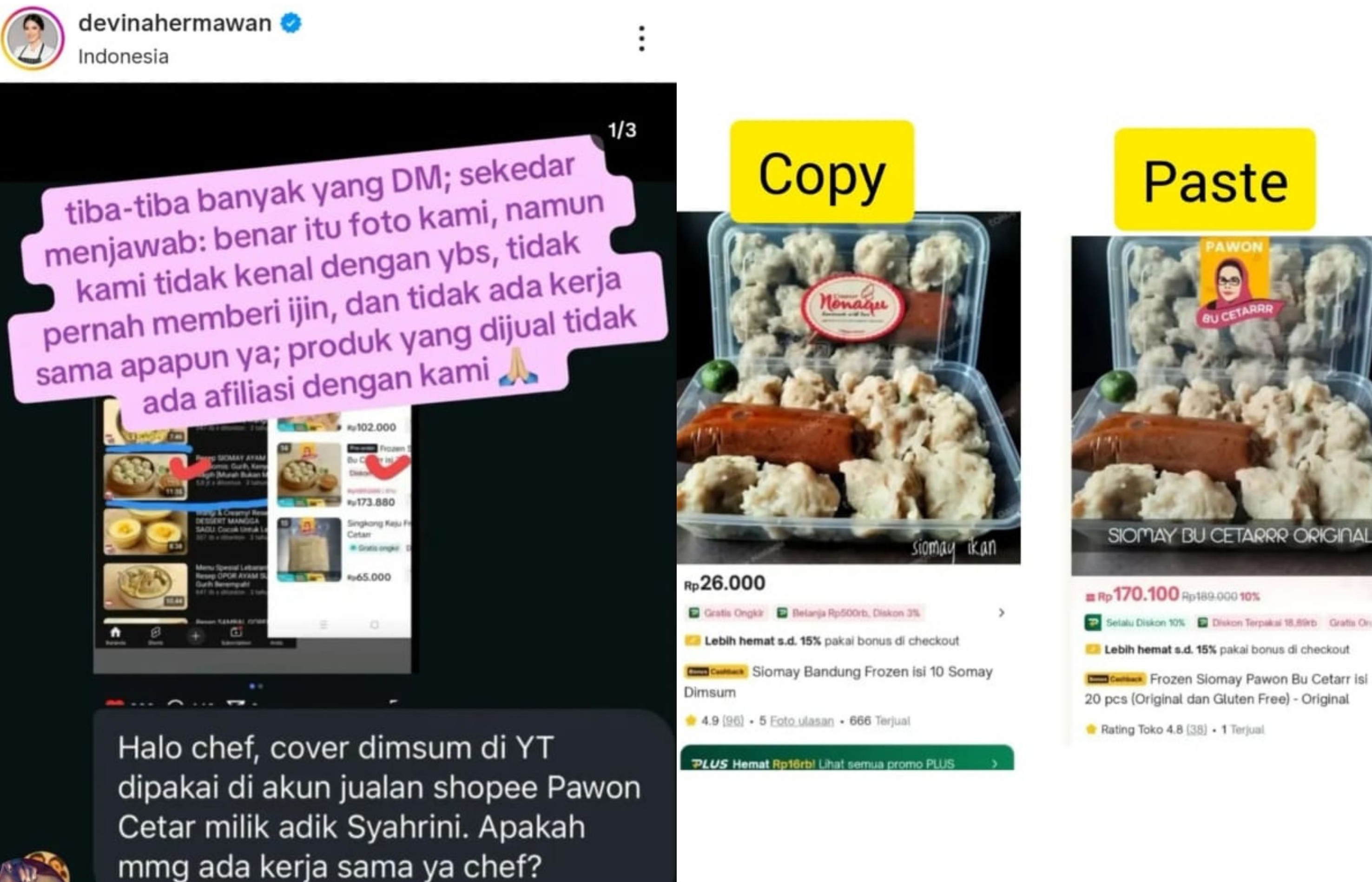 Produk Dimsum Bu Cetar tidak hanya memakai foto milik Chef Devina tanpa izin, namun juga milik UMKM lain.