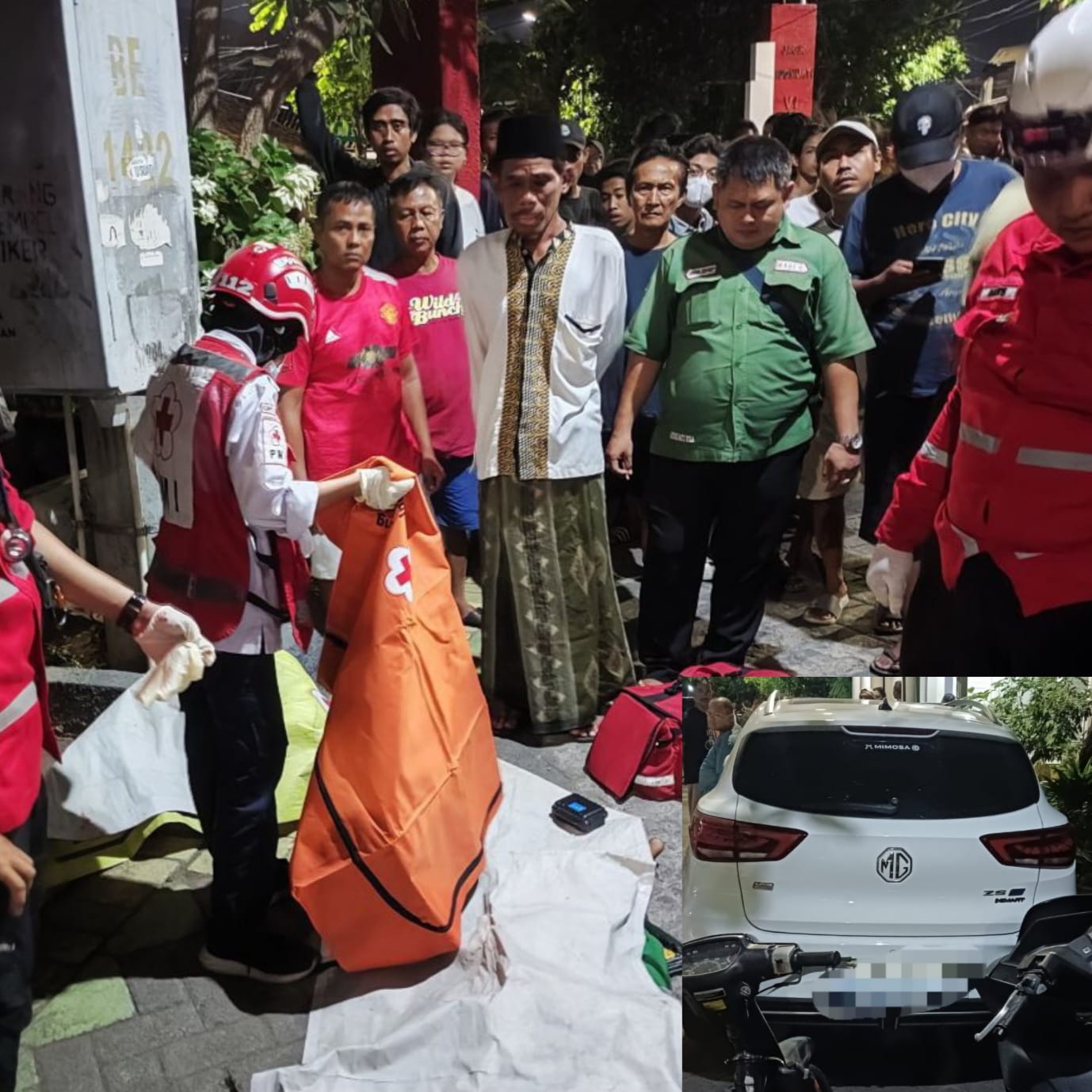 EVAKUASI: Petugas saat mengevakuasi korban seorang bocah yang tertabrak mobil di Jalan Jagir Sidomukti, Surabaya. Mobil yang menabrak saat ini diamankan usai kejadian. (IST/RADAR SURABAYA)