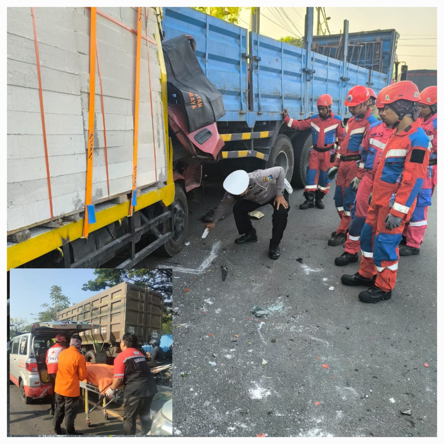 HANCUR: Kondisi truk bermuatan bata ringan yang menabrak truk tronton di Jalan Romokalisari, Surabaya. Dua orang meninggal dunia. (IST/RADAR SURABAYA)